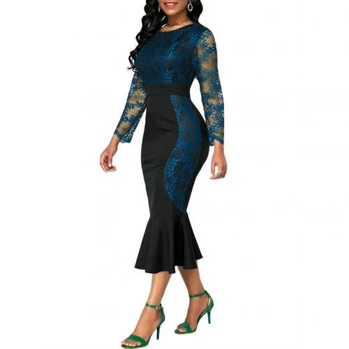 vestidos Dresses For Women 2021  Elegant Lace Patchwork Color Block Long Sleeve Fishtail Hem Bodycon Midi Dresses Party