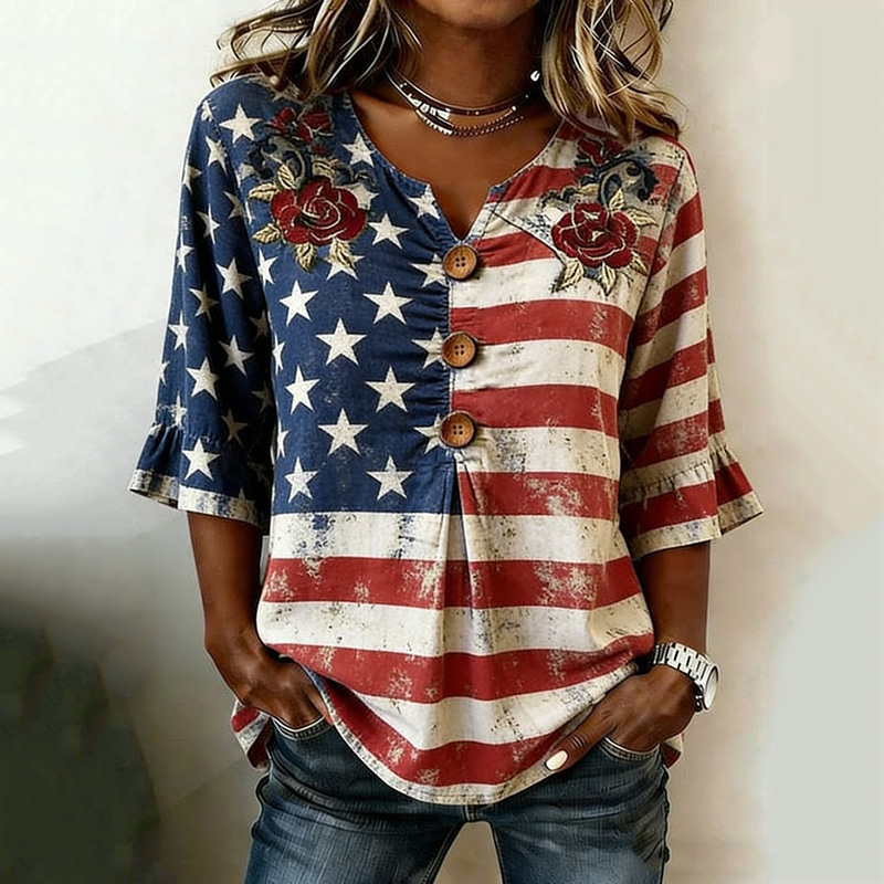 Comstylish Women's Independence Day Flag Floral Print Short-sleeve Casual Top