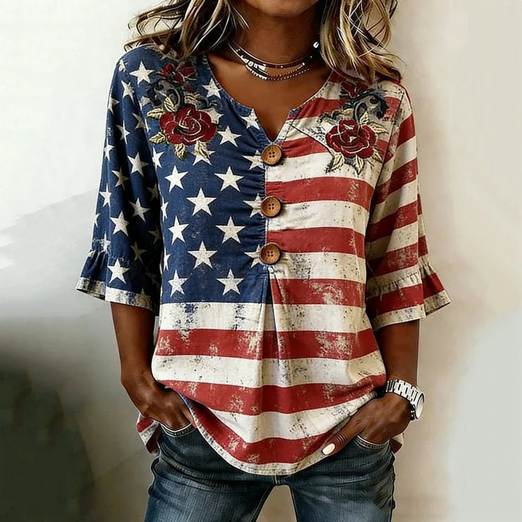 Women's Independence Day Flag Floral Print Short-sleeve Casual Top