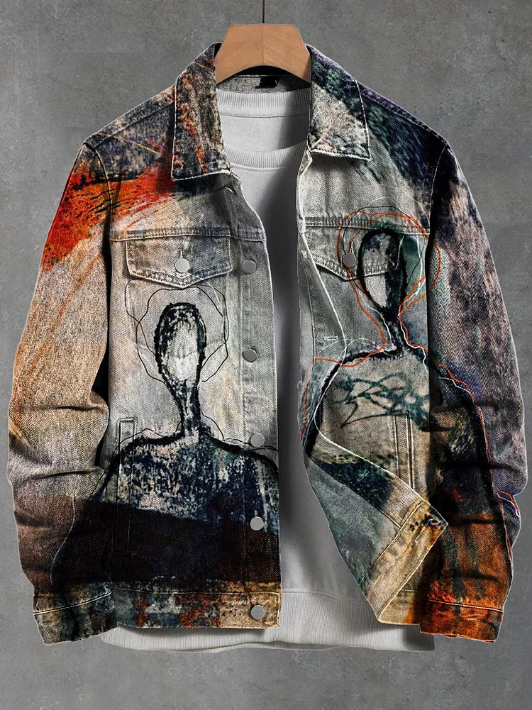 Vintage Printed Oil Painting Abstract Casual Denim Jacket