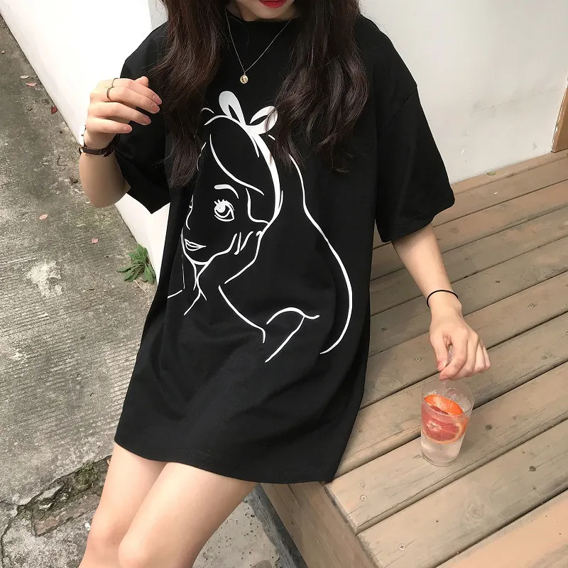 Brownm Brownm Summer New Korean Print Long Short Sleeve T-Shirt Women's Loose Shirt Women