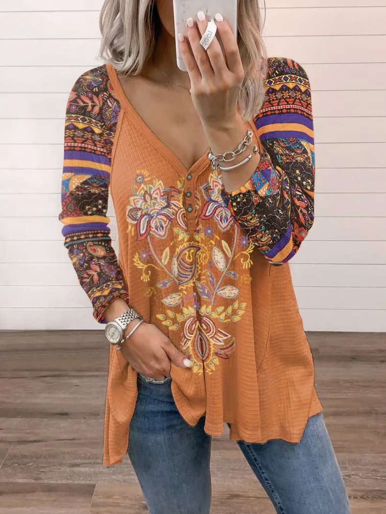 Brownm Collar Cotton Blend Pullover Print Long Sleeve Loose T-shirt Top