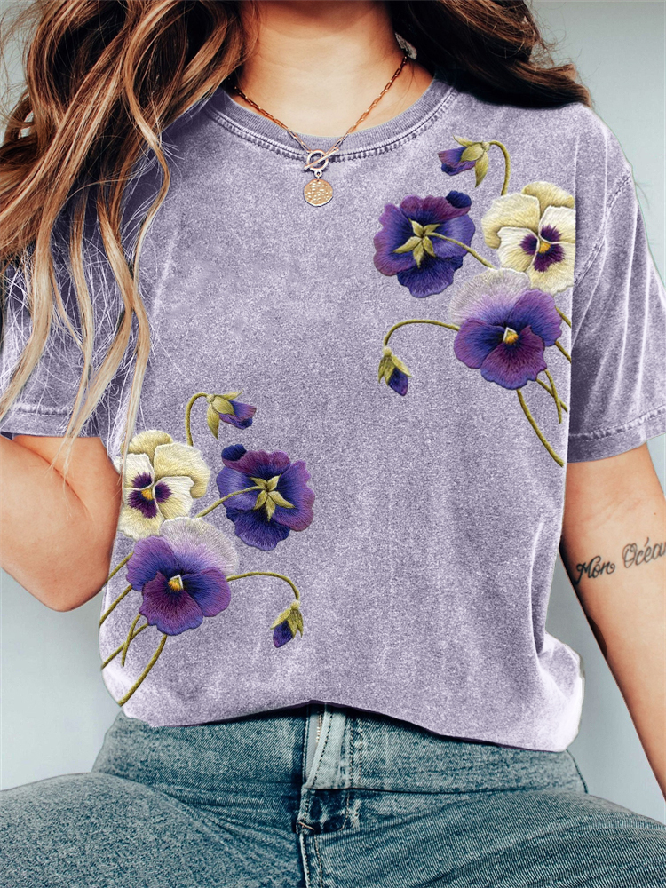 Comstylish Classy Pansy Flowers Embroidered Vintage T Shirt
