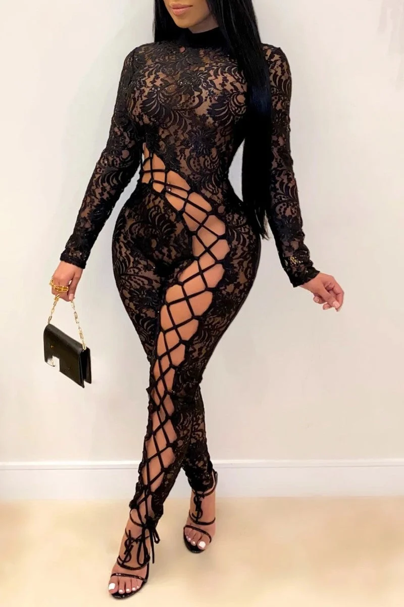 Sexy Solid Hollowed Out See-through Turtleneck Skinny Jumpsuits