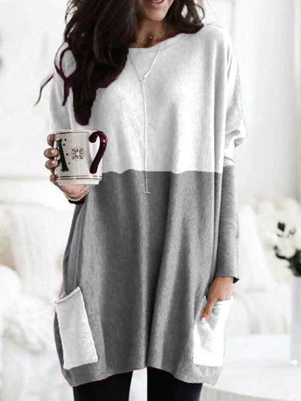 Women's T-Shirts Long Sleeve Colorblock Casual Pocket T-Shirt