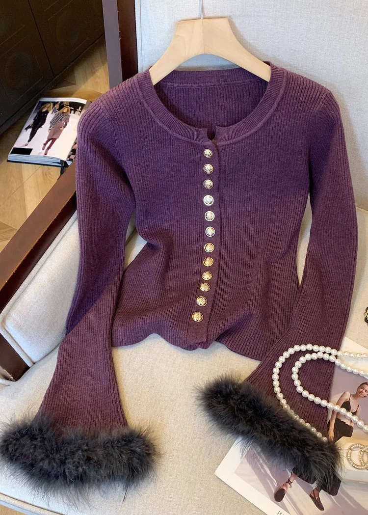 Purple Button Fluffy Patchwork Knit Winter Sweater O Neck