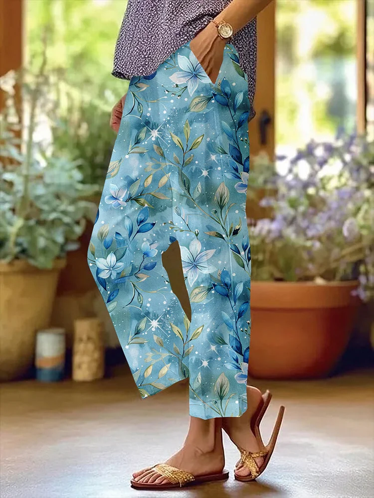 Floral Printed Cotton And Linen Casual Pants