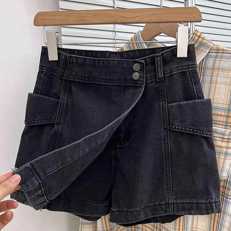 Wrap Front Denim Skort with Cargo Pockets in Charcoal Gray