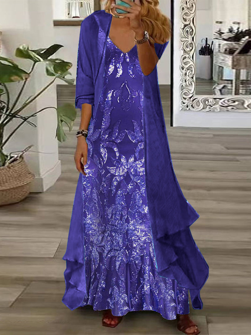 Women's Long Sleeve V-neck Graphic Printed Two Pieces Maxi Dress