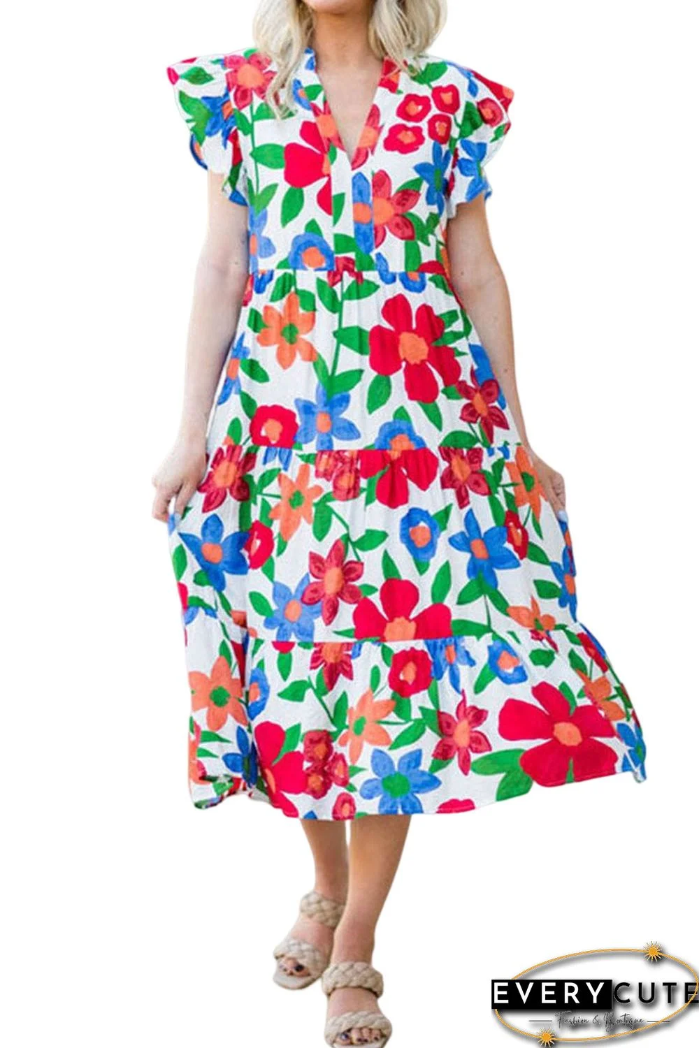 Multicolor Flutter Sleeve V Neck High Waist Floral Midi Dress