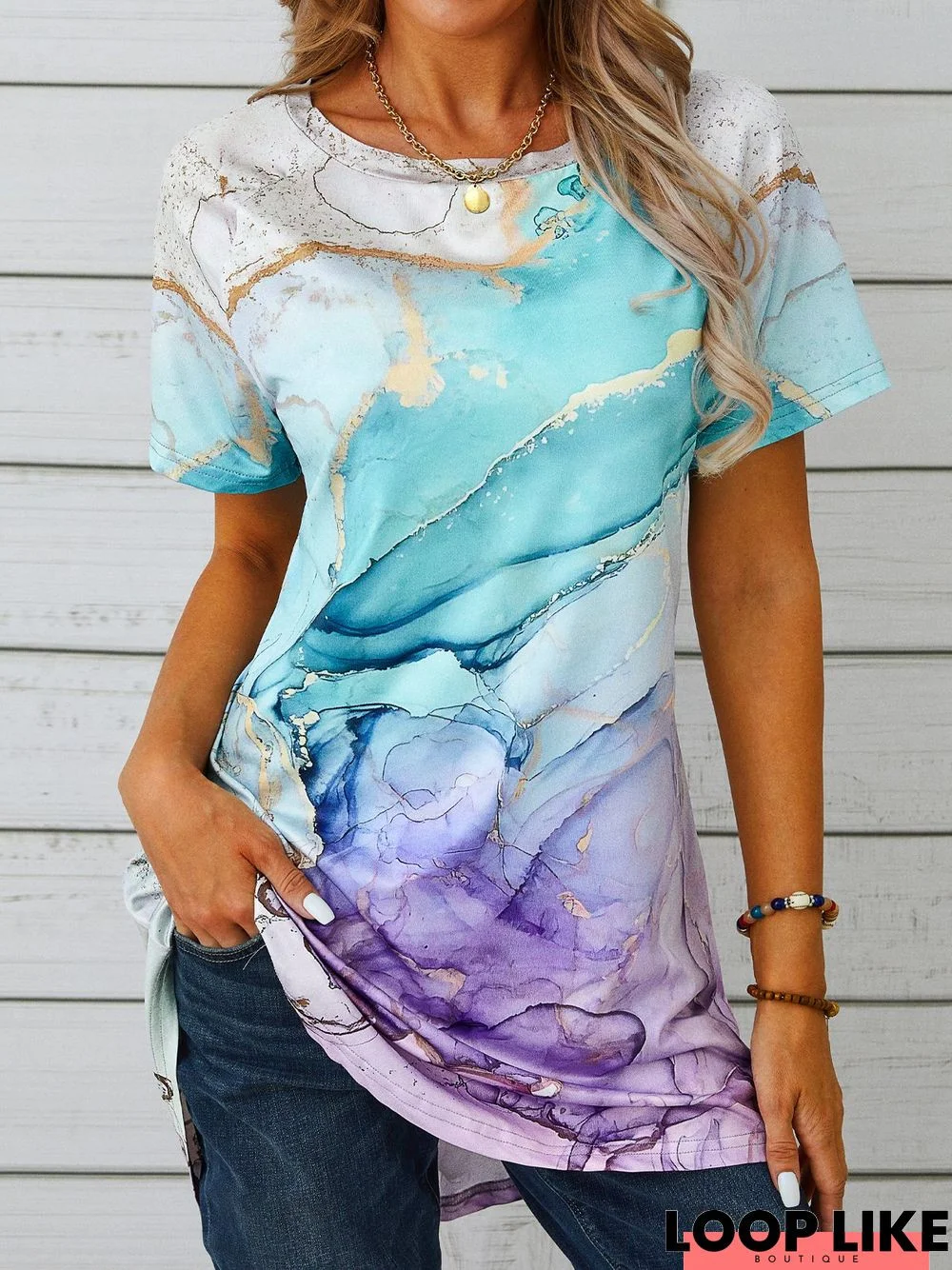 Casual Short Sleeve Round Neck Printed Top T-Shirt