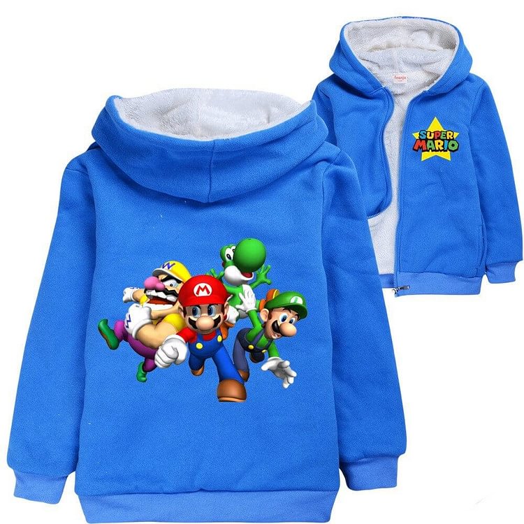 Mayoulove Super Mario Print Boys Child Fleece Lined Blue Zip Up Cotton Hoodie-Mayoulove