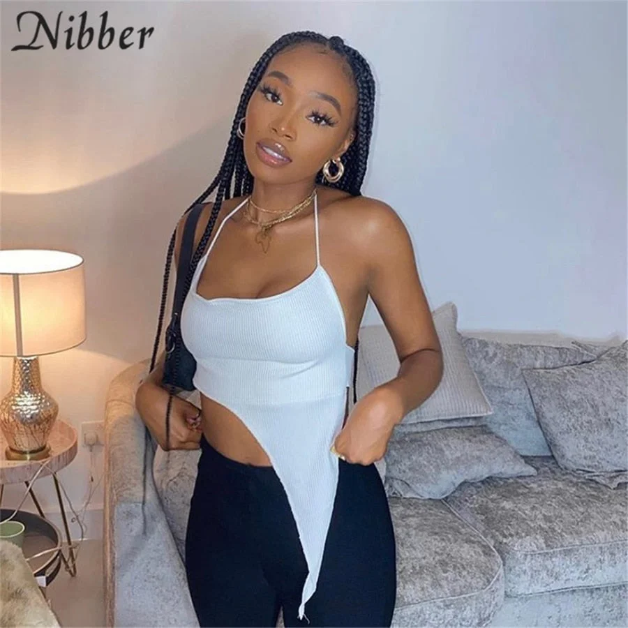 Nibber Sexy Bandage Backless Low Cut Camisole Women Crop Tops Club Party Home Wear Summer White Rib knit Slim Soft Vest Female