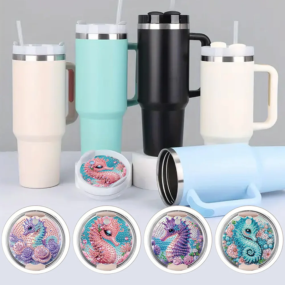 8pcs Seahorse Owl DIY Diamond Art Cup Lid Accessories Bling Tumbler Lid Plate