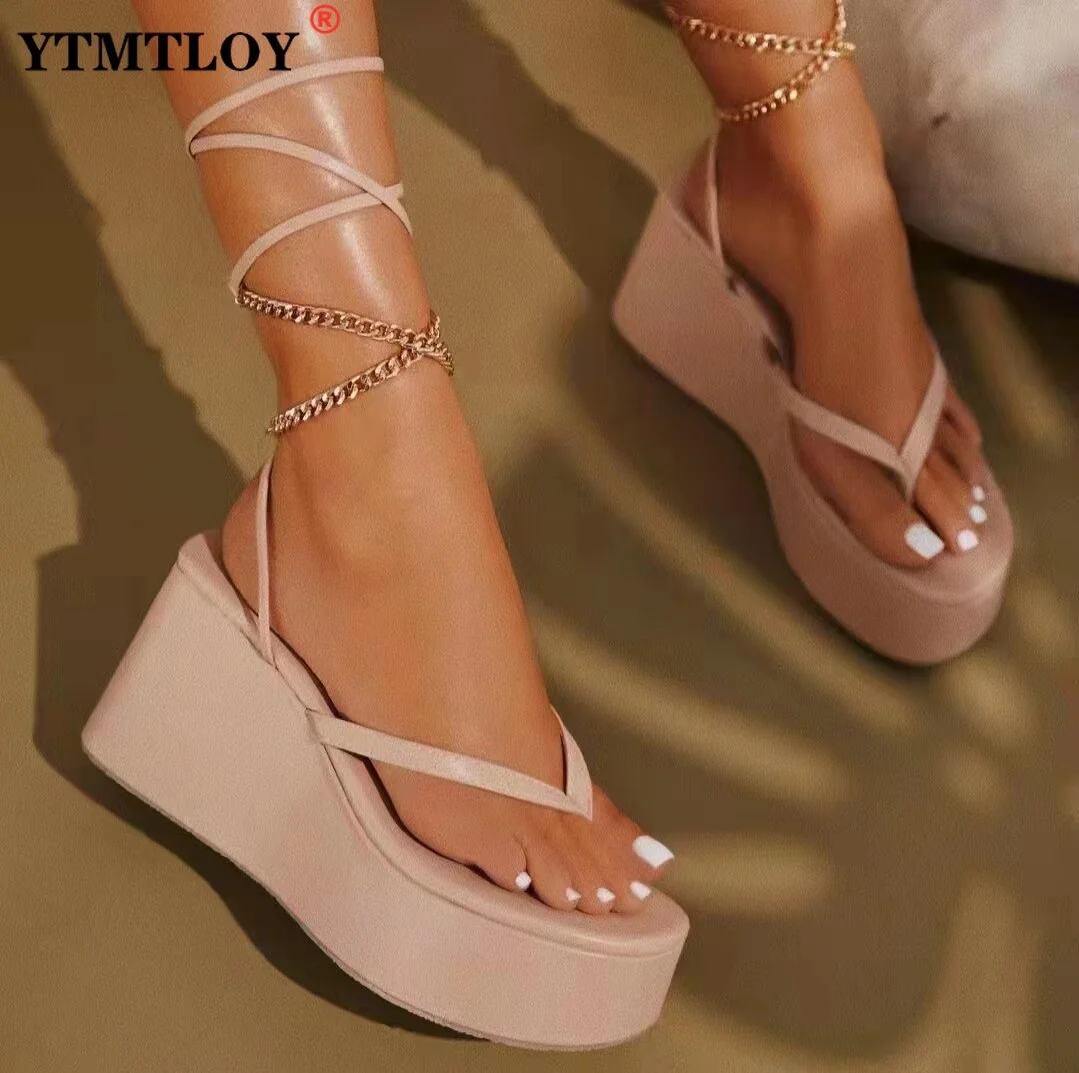 Yyvonne Women's  Fashion Chain Flip Flops  Women Clip Toe Thong Platform Lace Up Ladies Casual Gladiator Sandals Shoes  Wedges