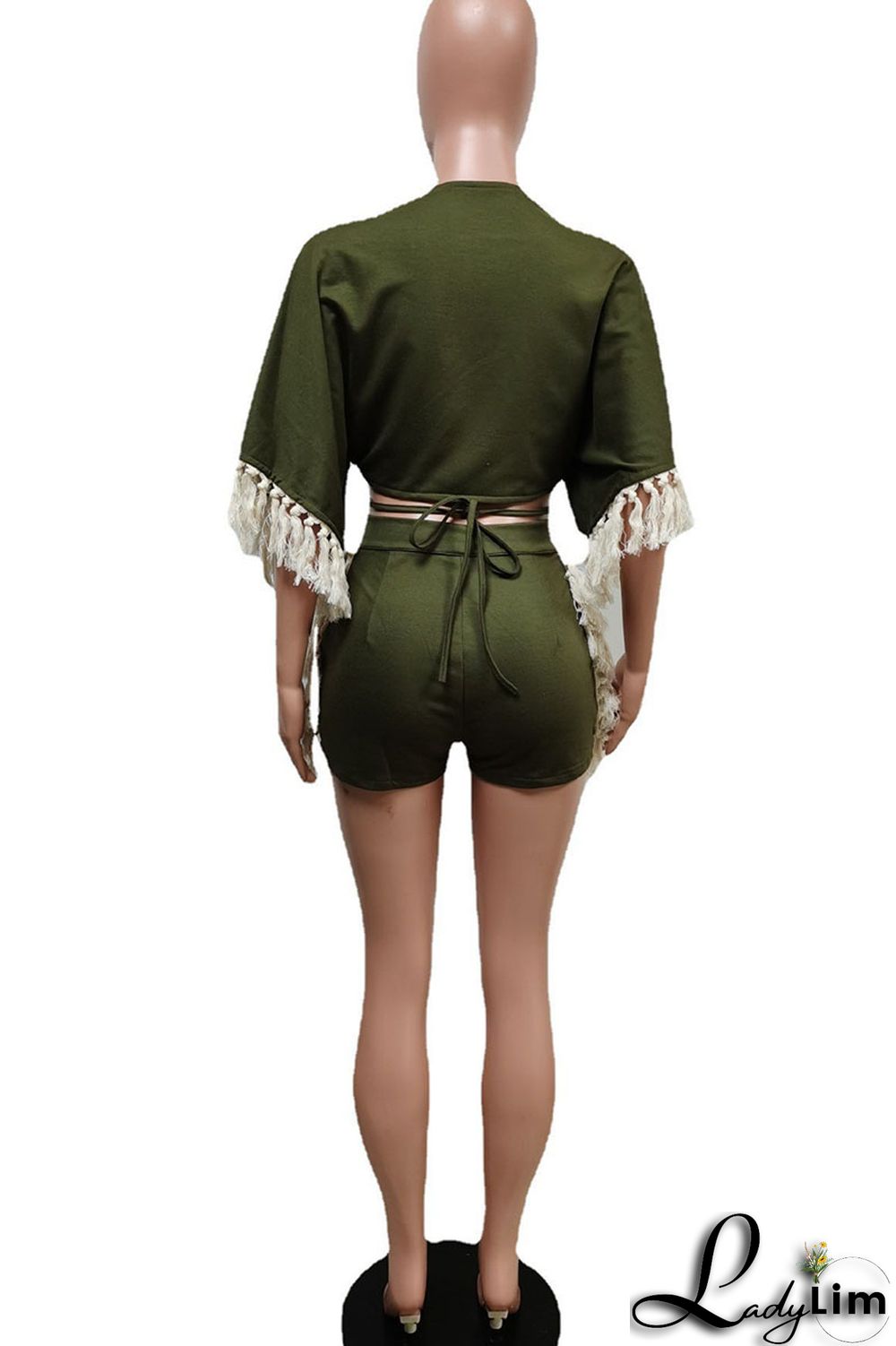 Tangerine Red Casual Solid Tassel Bandage Split Joint Buckle V Neck Half Sleeve Two Pieces