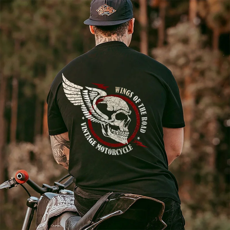 WINGS OF THE ROAD VINTAGE MOTORCYCLE Black Print T-Shirt