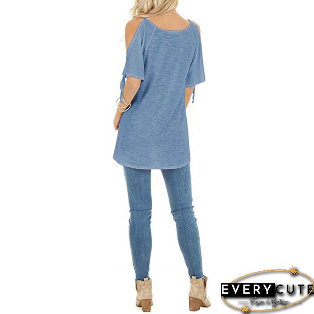 Light Blue Cold Shoulder Lace-up Short Sleeve Tees