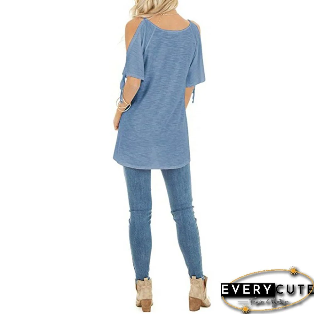 Light Blue Cold Shoulder Lace-up Short Sleeve Tees