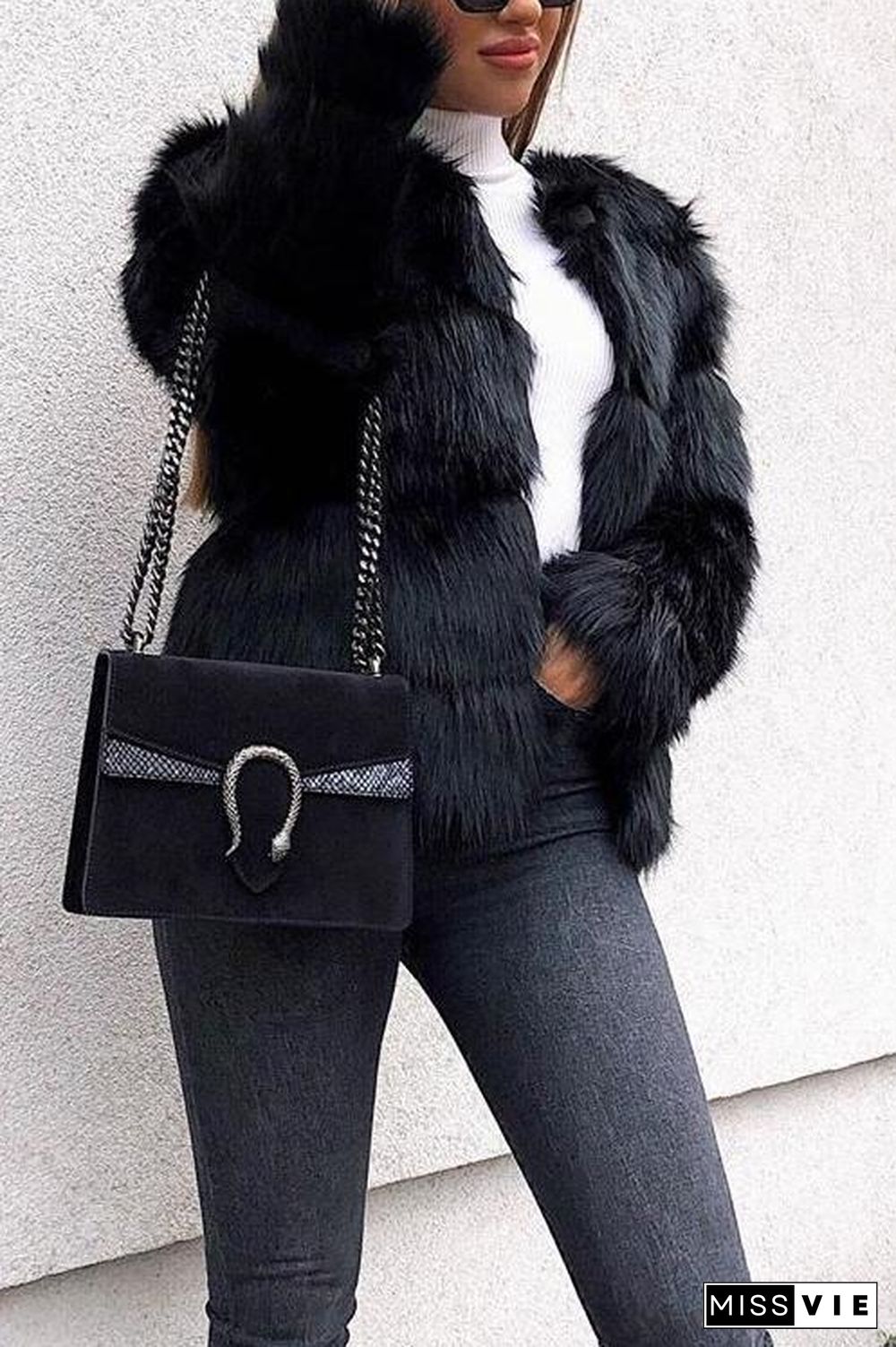 Layer O Neck Faux Fur Coat