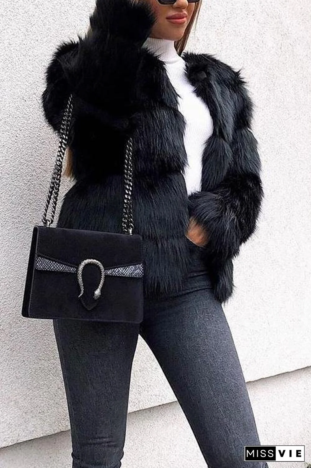 Layer O Neck Faux Fur Coat