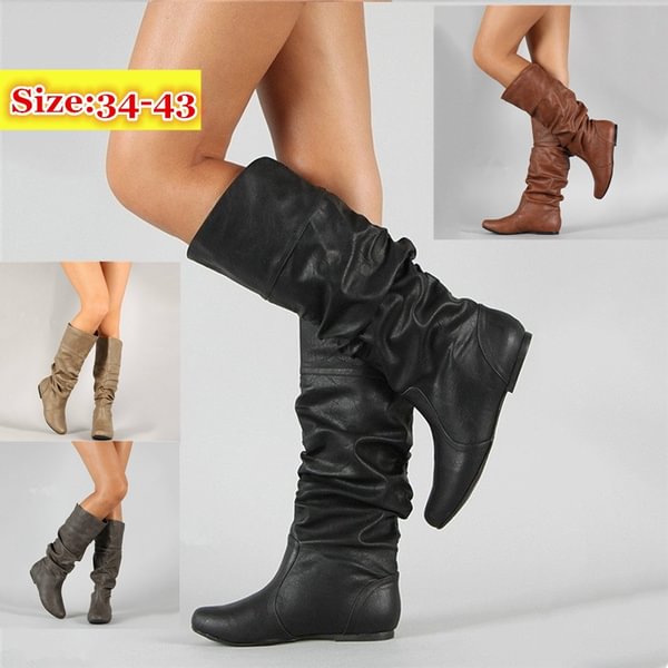 Winter Fashion Women Flat Heel Solid Color Long Boots Ladies Pointed Toe Knee High Artificial Leather Boots - Shop Trendy Women's Clothing | LoverChic