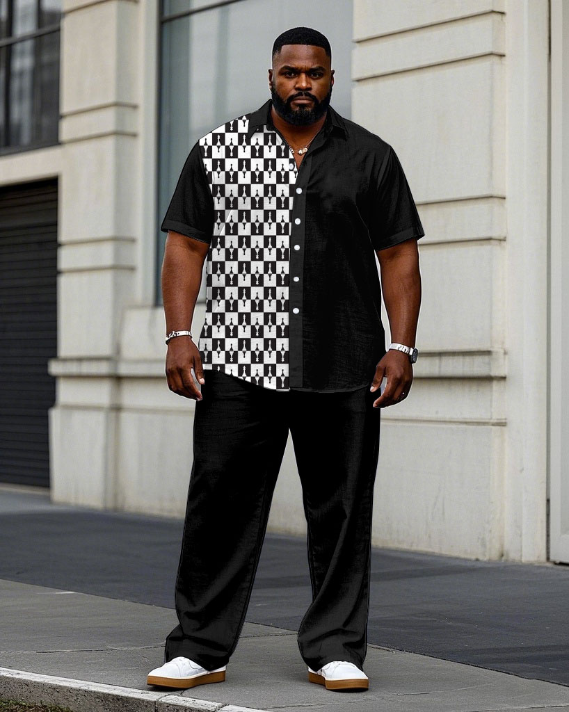 Men's Plus Size Business Simple Black & White Stitching Short Sleeve Shirt Trousers Suit