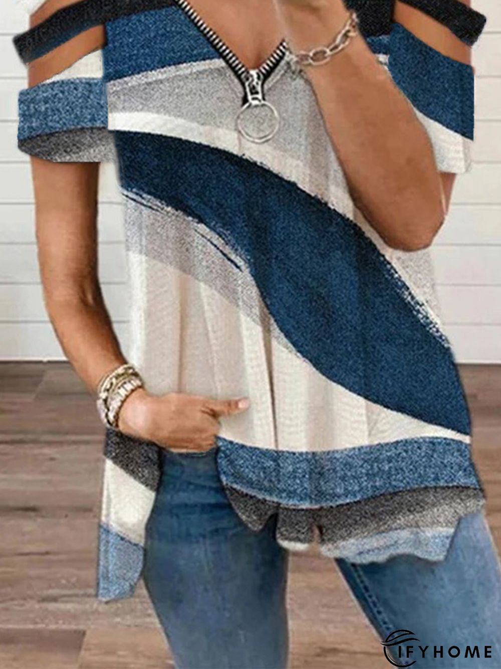 Abstract Zipper V Neck Loose Casual Top | IFYHOME