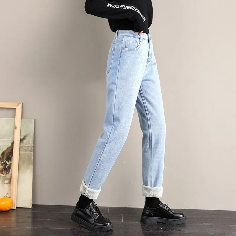 Warm Jeans Winter 2020 New Velvet Thick Mom Jeans High Waist Harem Trousers  Female Pantalon Loose Wide-leg Fleece Denim Pants