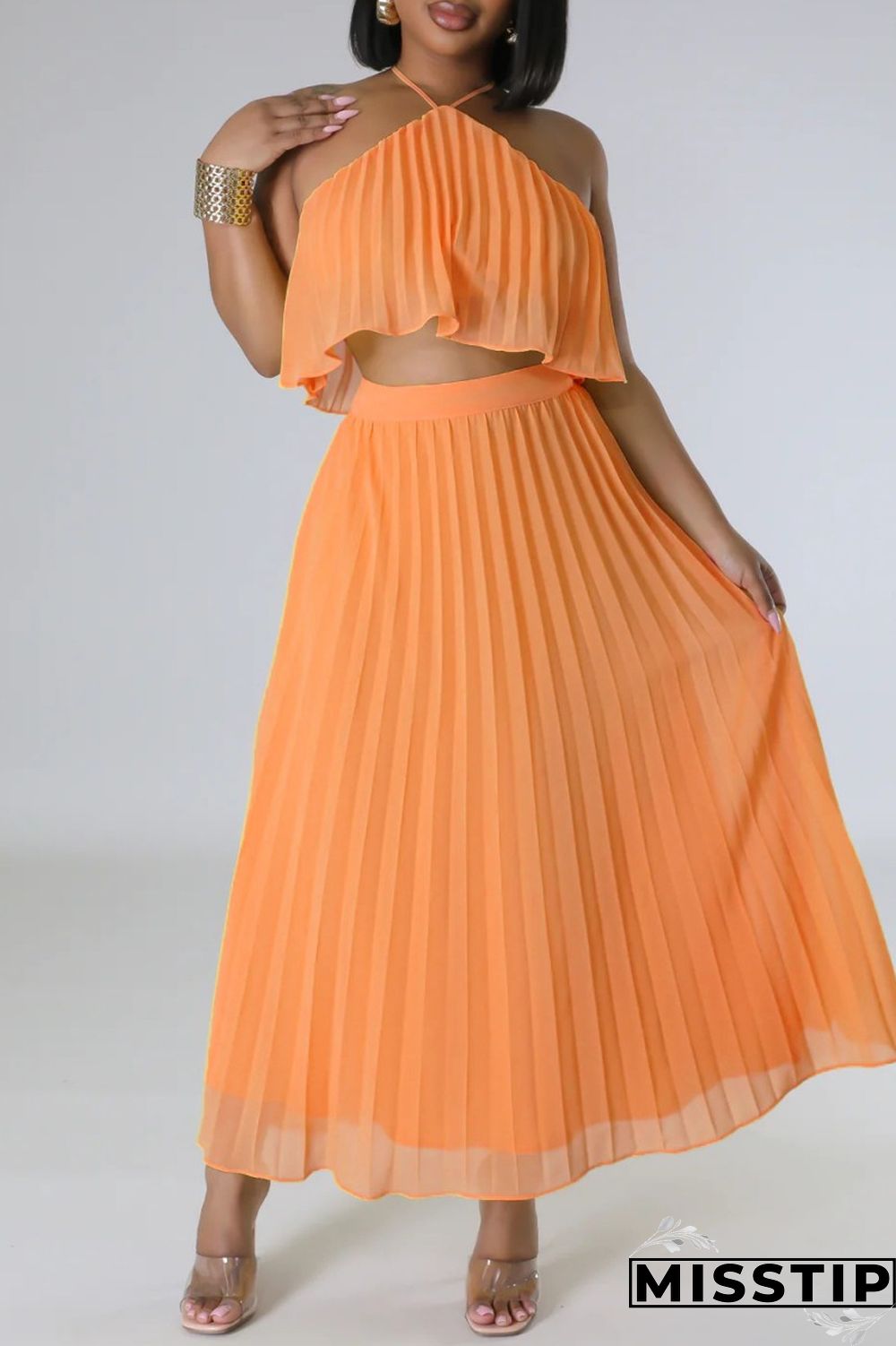 Mint green Casual Solid Bandage Backless Pleated Halter Sleeveless Two Pieces