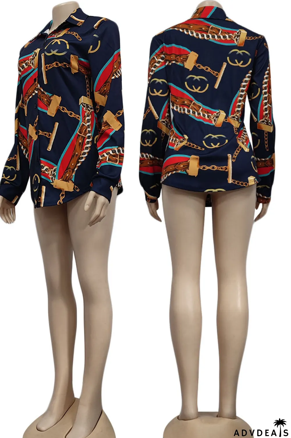 Black Casual Print Patchwork Buckle Turndown Collar Tops