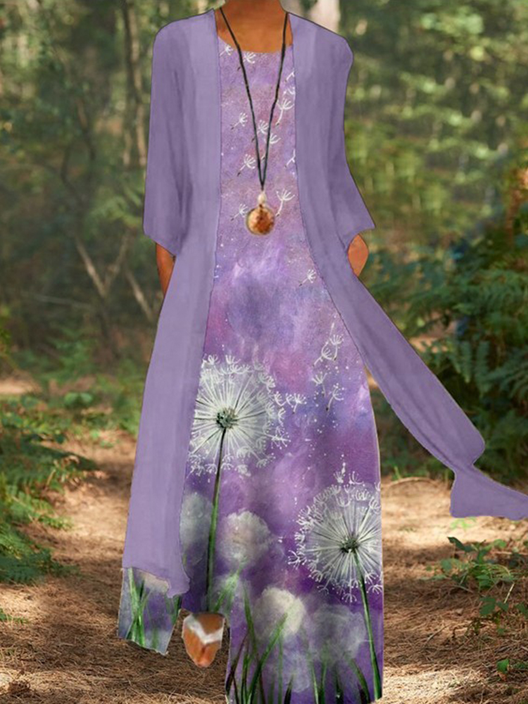 Dandelion Printed Slip Midi Dress With Cardigan Set Of 2 wearshes