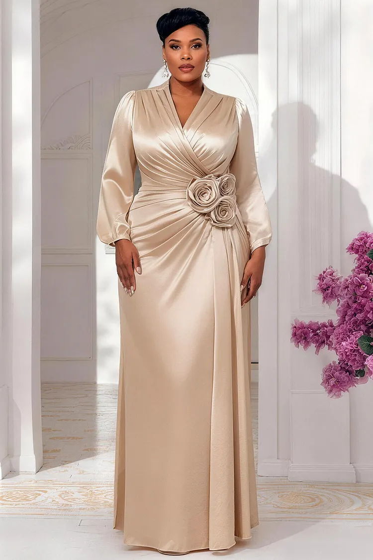 Xpluswear Design Plus Size Formal Champagne Wrap Neck Long Sleeve 3D Fold Satin Maxi Dresses [Pre-Order] 2024 - Xpluswear