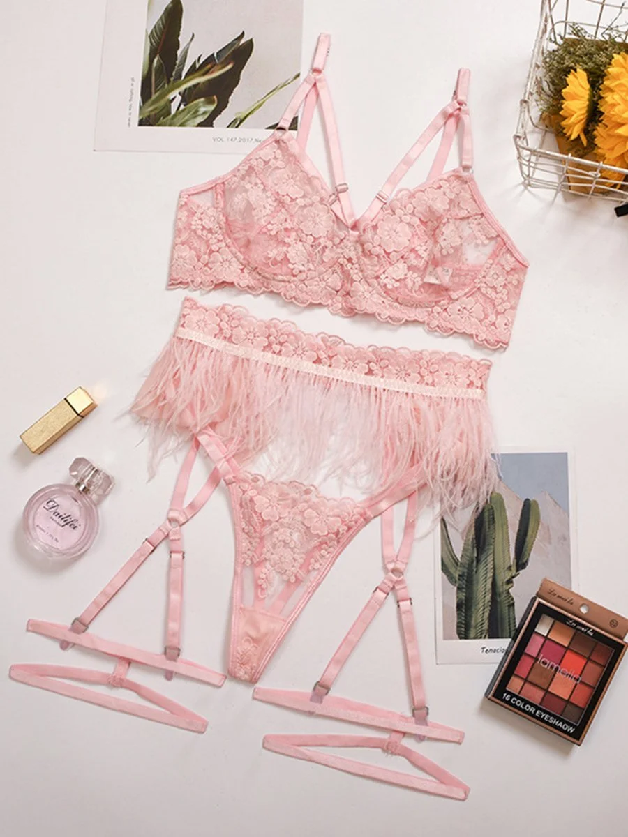 Three-piece lace and feather embroidered underwear