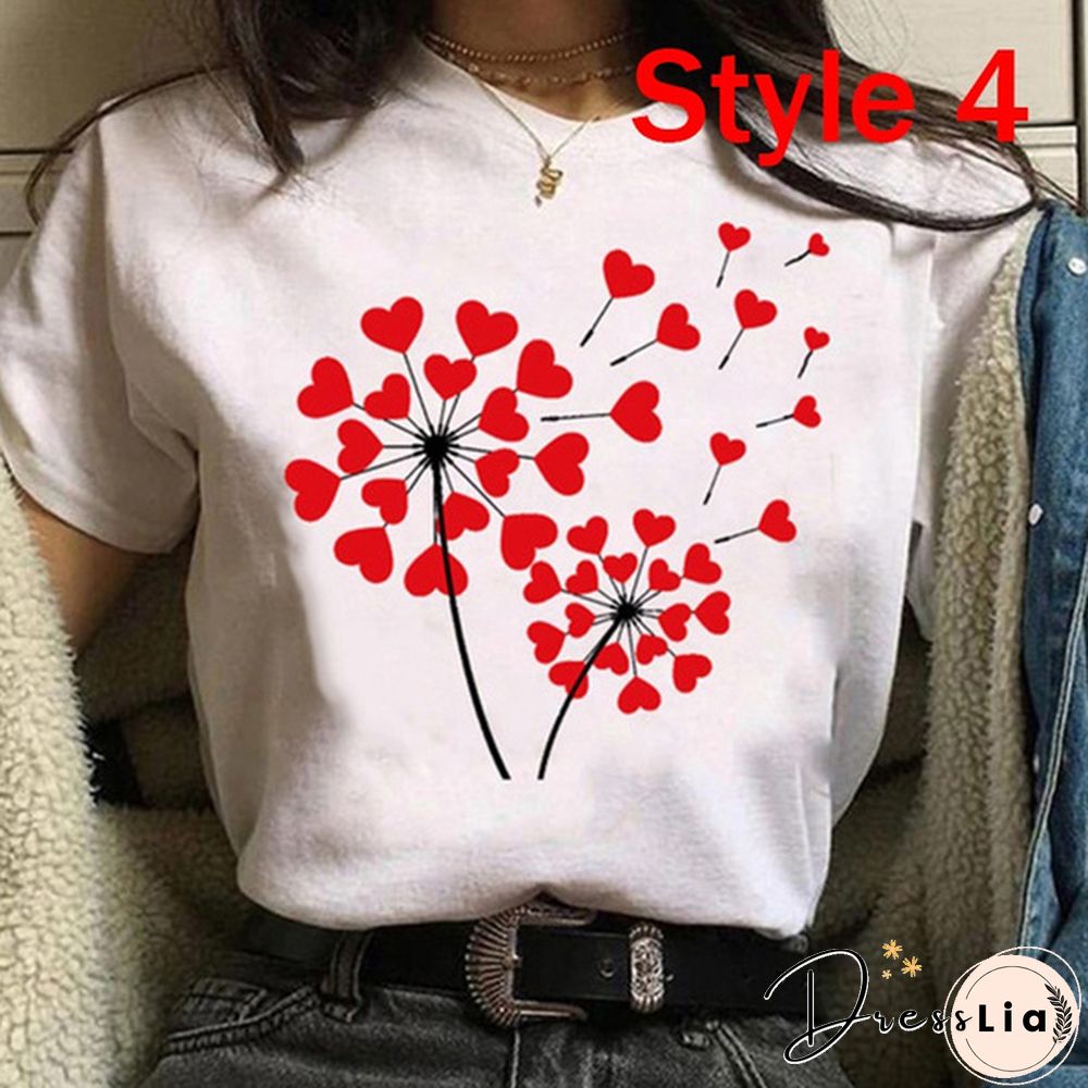 Women Clothes Lady Tees Graphic Printing Love Heart Sweet Valentine Cute Fashion Tops Female T Shirt Womens T-Shirt