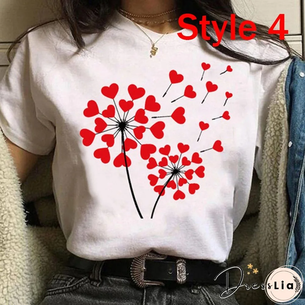 Women Clothes Lady Tees Graphic Printing Love Heart Sweet Valentine Cute Fashion Tops Female T Shirt Womens T-Shirt