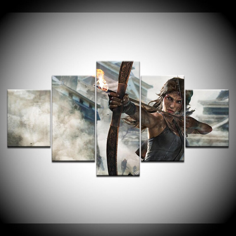 5 Pieces Wall Art Canvas Painting Lara Croft Tomb Raider Printed Poster Room Decorative Pictures for Living Room Frameless