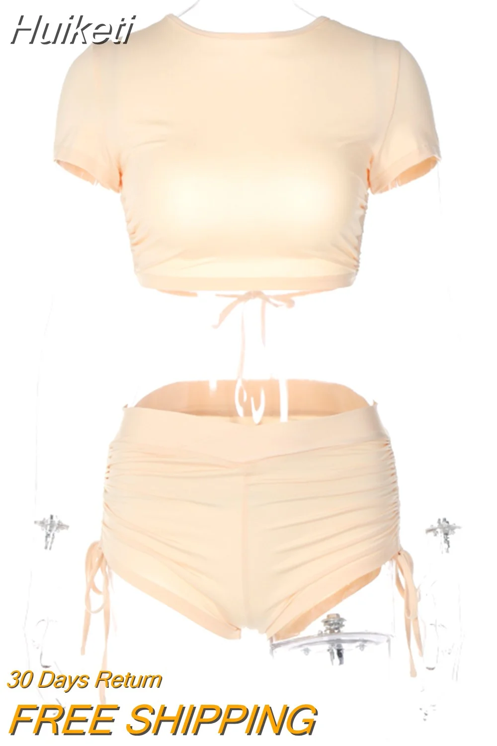Huiketi Solid O Neck Short Sleeve Backless Lace Up Crop T-Shirt Shirring Shorts 2 Pcs Matching Set 2023 Summer Casual Vacation 1007