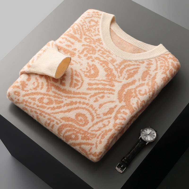 Crew Neck Pattern Wool Sweater For Men REAL SILK LIFE