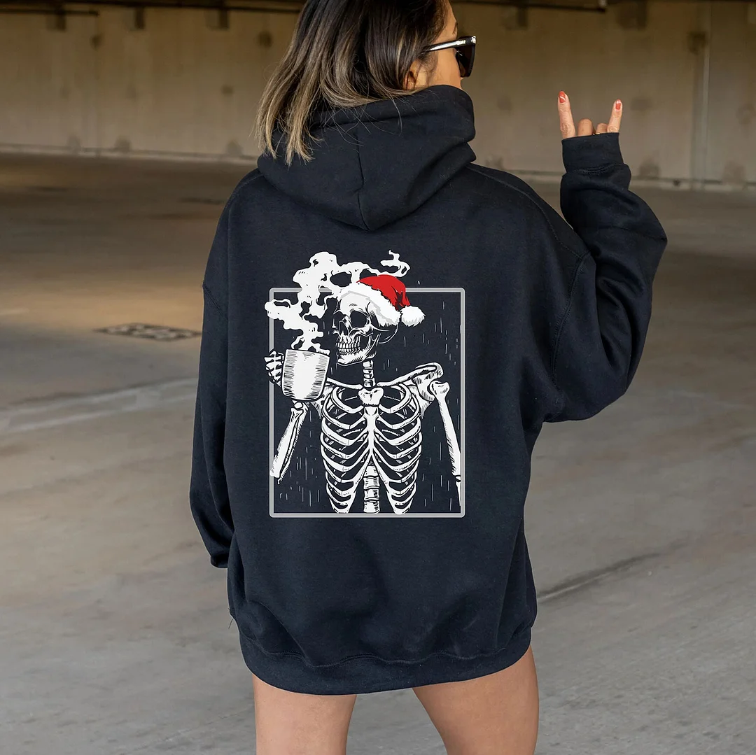 Skull Wearing Christmas Hat Drinking Coffee  Black Print Hoodie