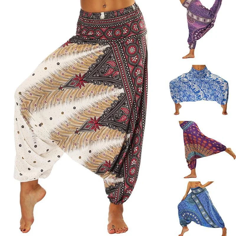 Pantaloni casual largi pentru plajă sau pentru yoga, cu elastic în talie, cu imprimeu în stil etnic