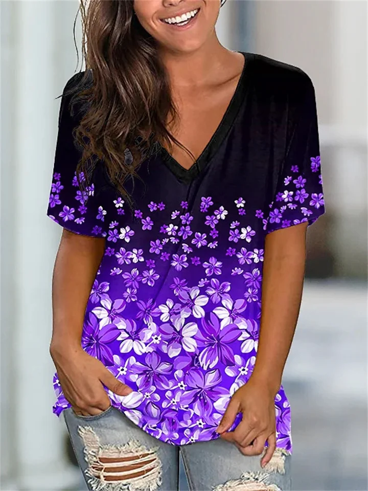 New Women's Summer Trend Loose Type T-shirt Digital Printing Fashion V-neck Short-sleeved Comfortable Casual Tops-Cosfine