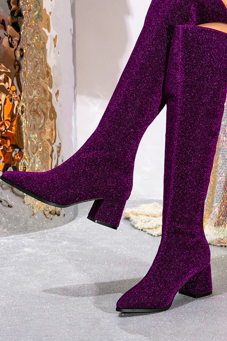 Festival Purple Zipper Thick High Heels Knee High Boots