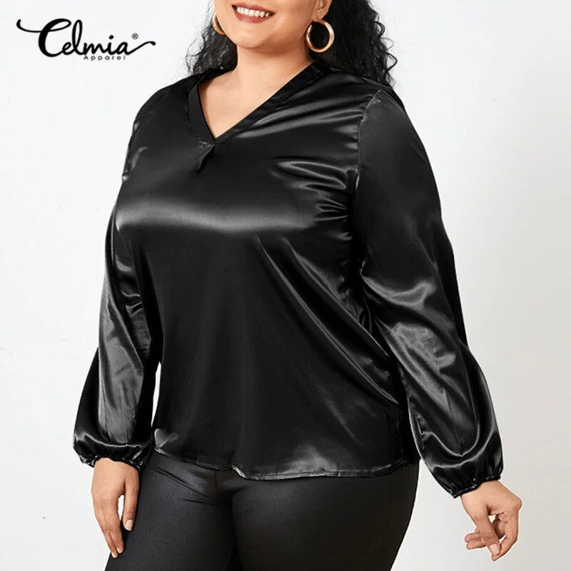 Oversized Celmia Fashion Women Satin Blouses Sexy V-Neck Elegant  Tops Female Casual Long Sleeve Office Blusas Femininas FZH