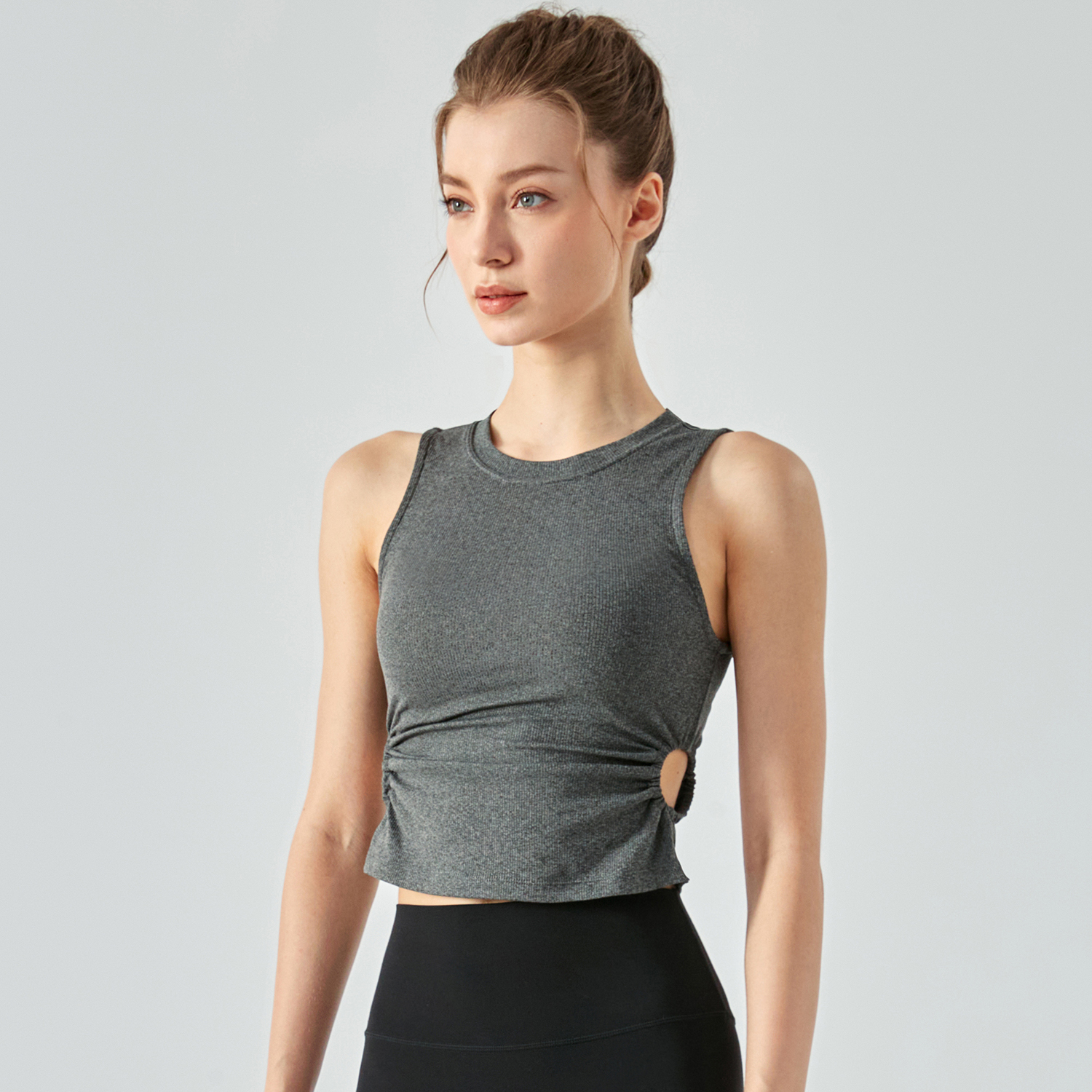 Buy Hergymclothing Dark Gray shockproof scrunch side hollow-out ribbed gym tank top with removable cups online