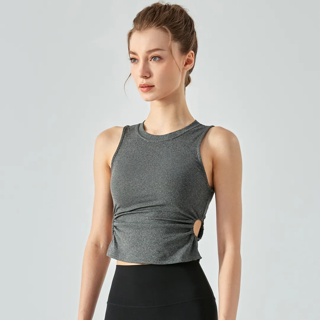 Buy Hergymclothing Dark Gray shockproof scrunch side hollow-out ribbed gym tank top with removable cups online