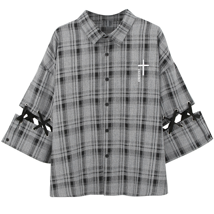 REBORN Letter Cross Embroidery Lace Up Plaid Shirt - Modakawa Modakawa