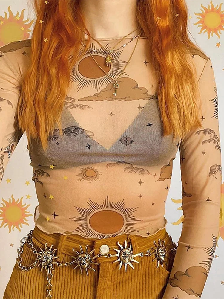 Back to school  Y2K Vintage Harajuku Print Mesh T Shirt Women Elegant Long Sleeve O Neck Summer Sheer Perspective Crop Tops Casual Blouse Tee