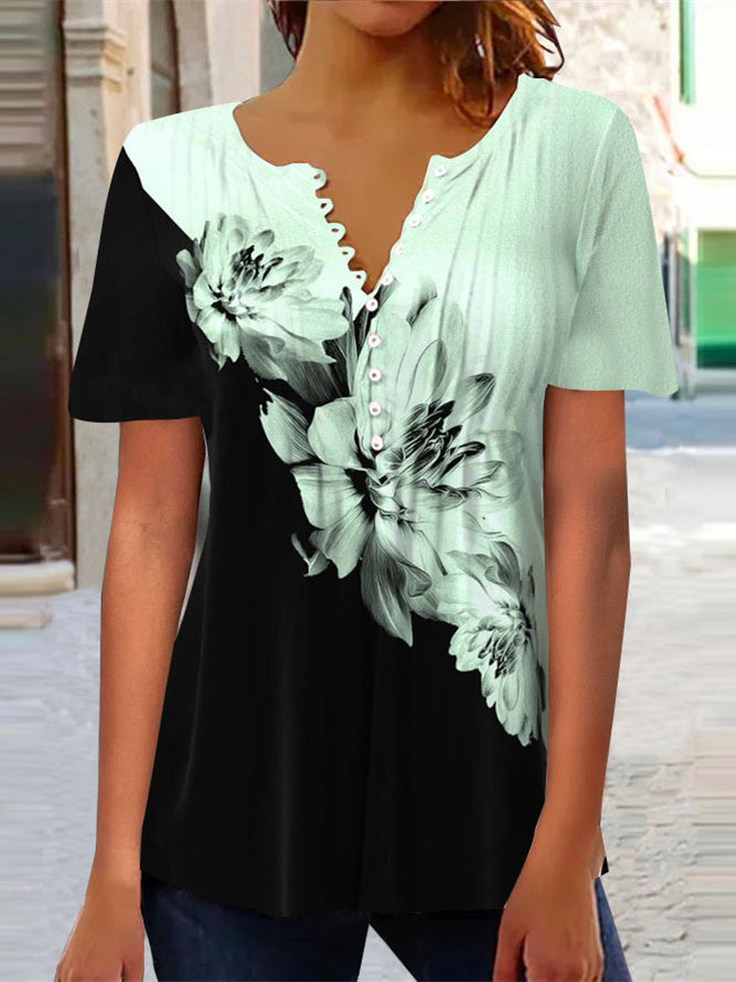 Women Long Sleeve V-neck Graphic Floral Printed Top
