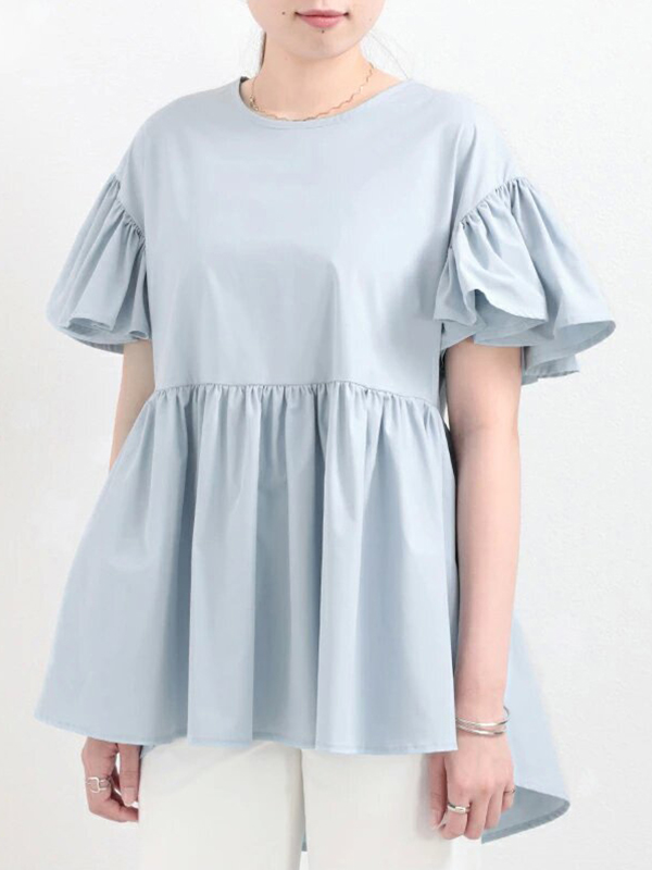 Puff Sleeve Pleated Round Neck Solid Color Blouses